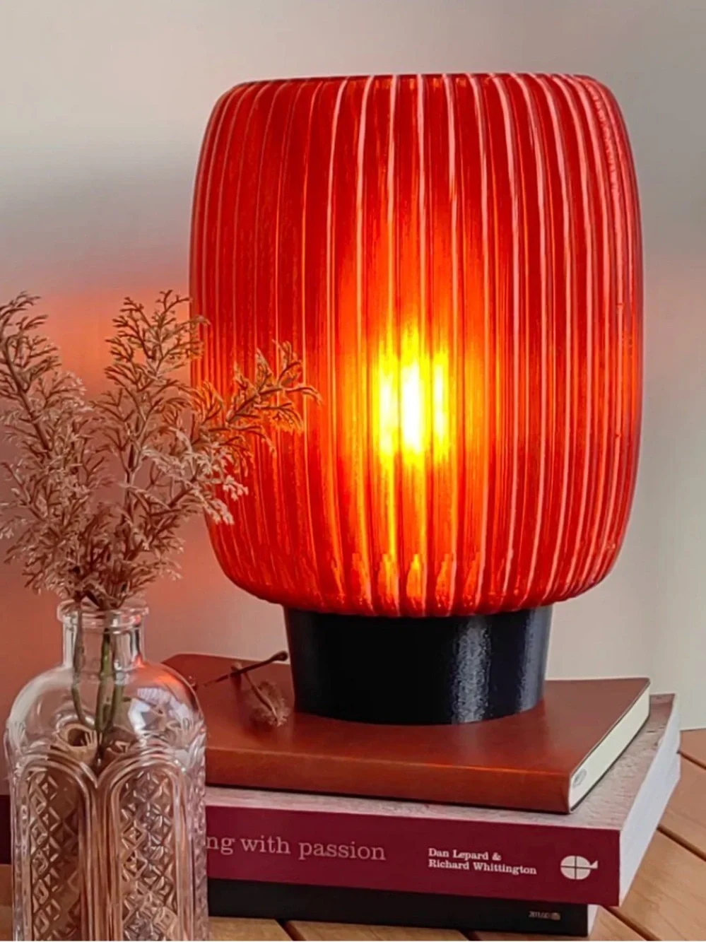 Better Homes & Gardens Red Amber Ribbed Glass Lantern Lamp with metal Base